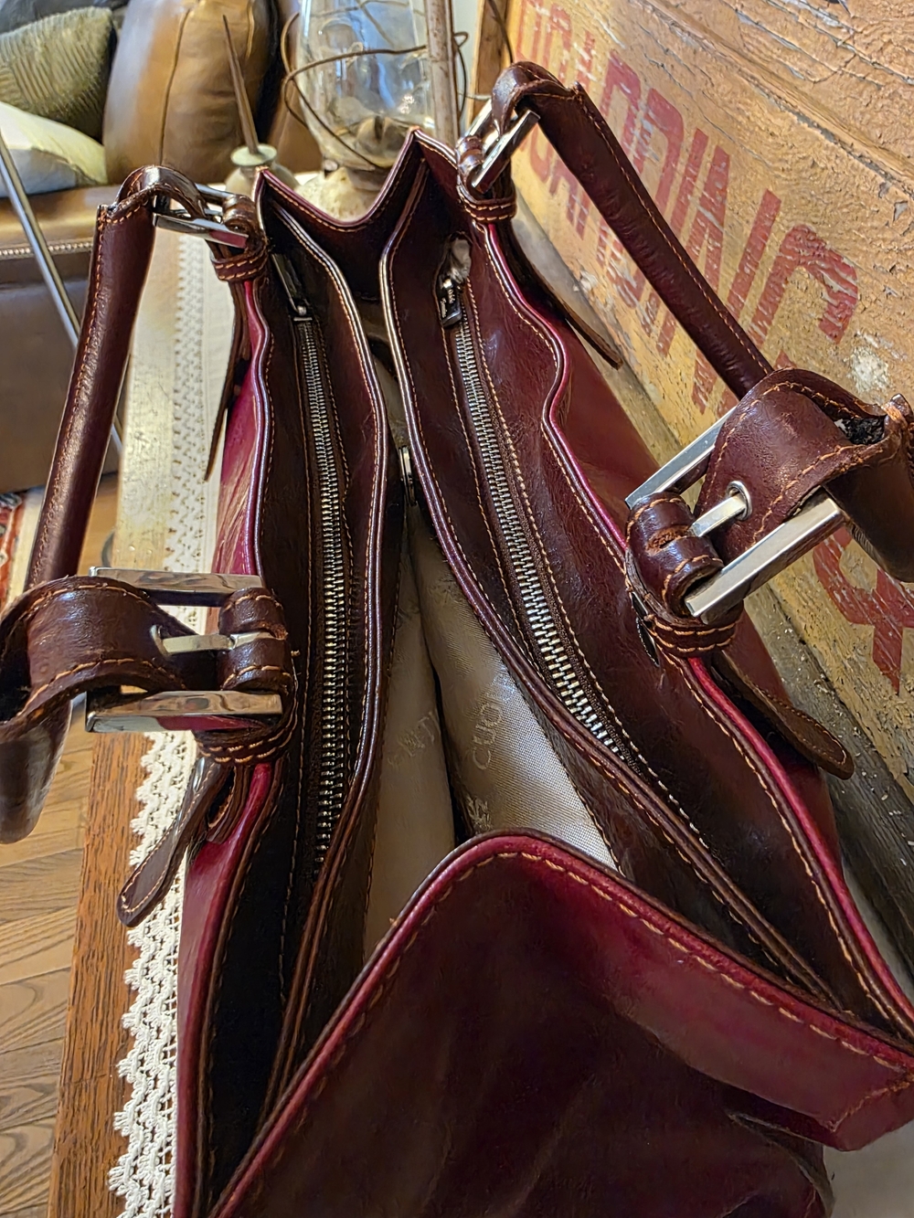 Cuoieria Fiorenrina Burgundy Leather Top-Handle Tote - Picture 3 of 11